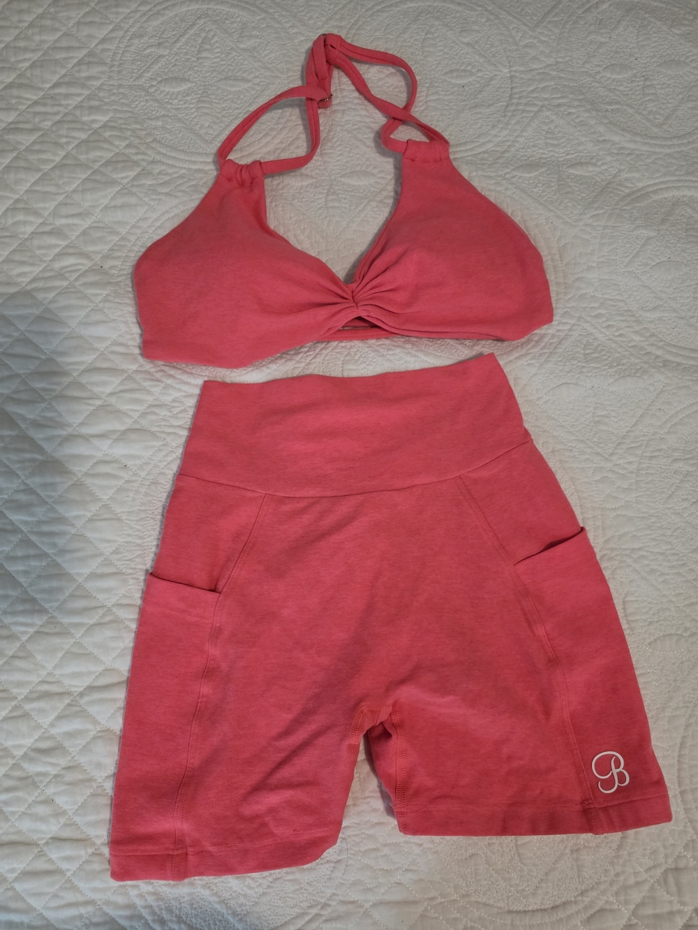 Bombshell Sportswear Pink High-Waist Pocket Shorts & Bra Set